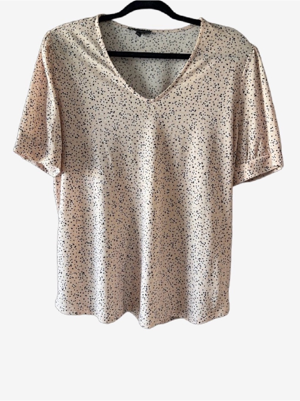 Adrianna Papell Cream V-Neck Short Sleeve Top with Black Dot Print